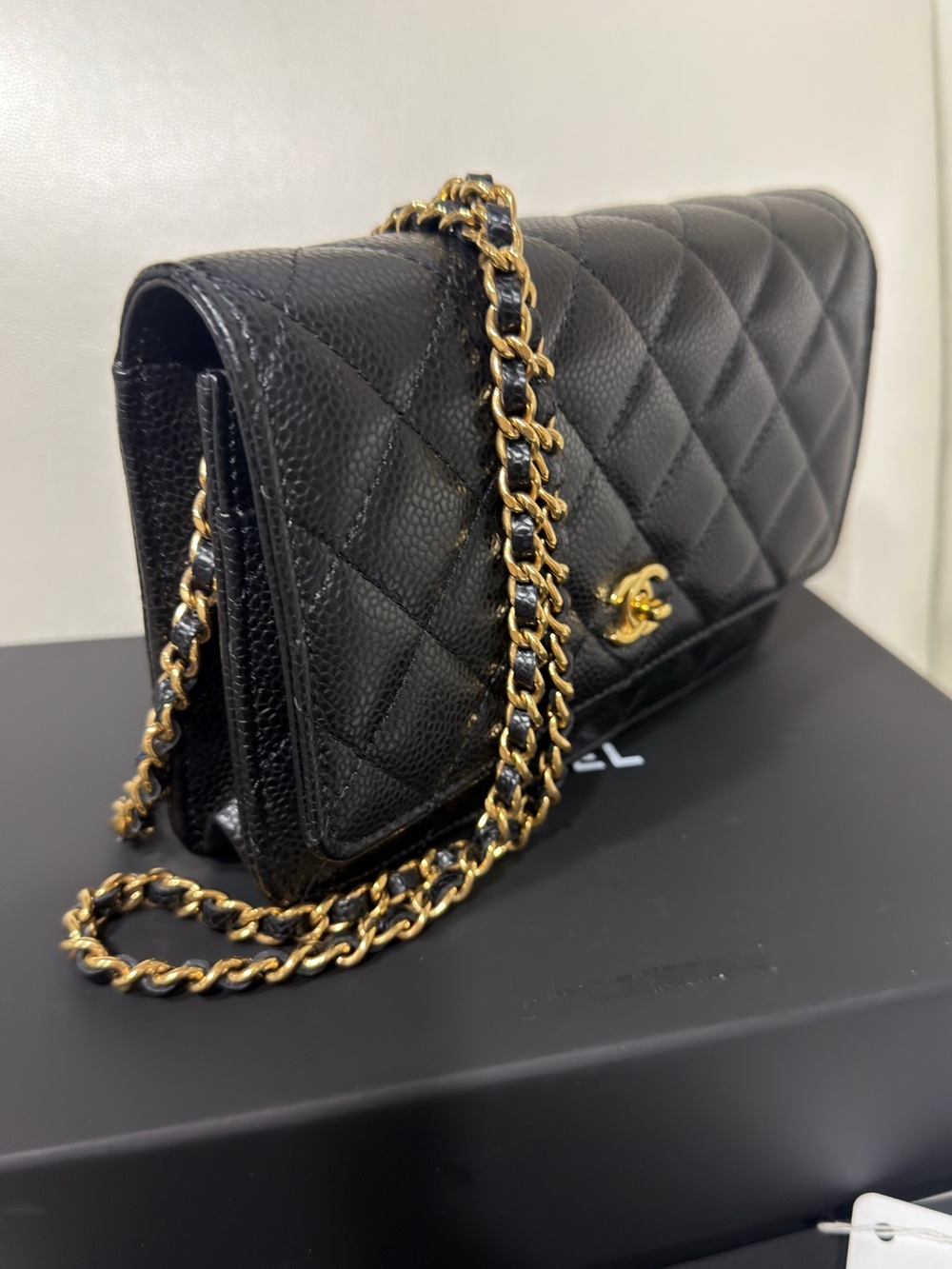 CHANEL REV Black Caviar Quilted CC Turn Lock Wallet/Bag On Chain